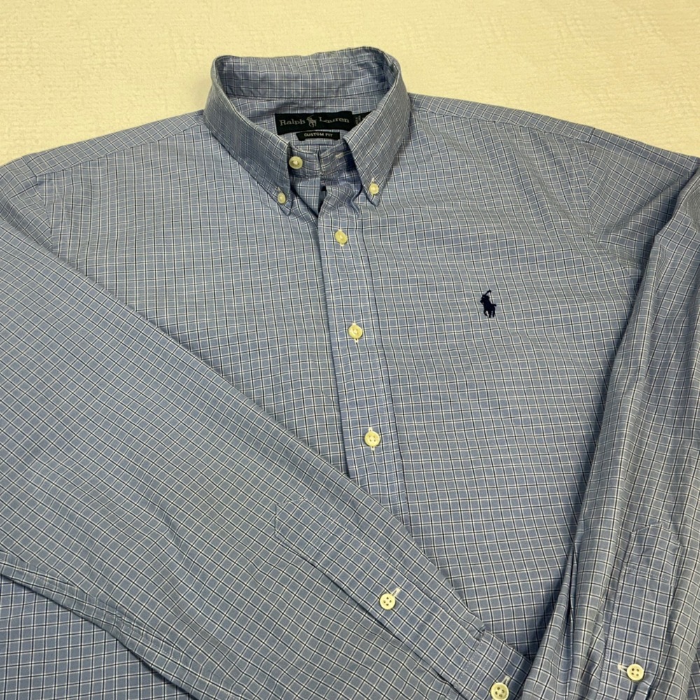 Ralph Lauren Mens Blue White Micro‎ Check Custom Fit Button Down Shirt Large